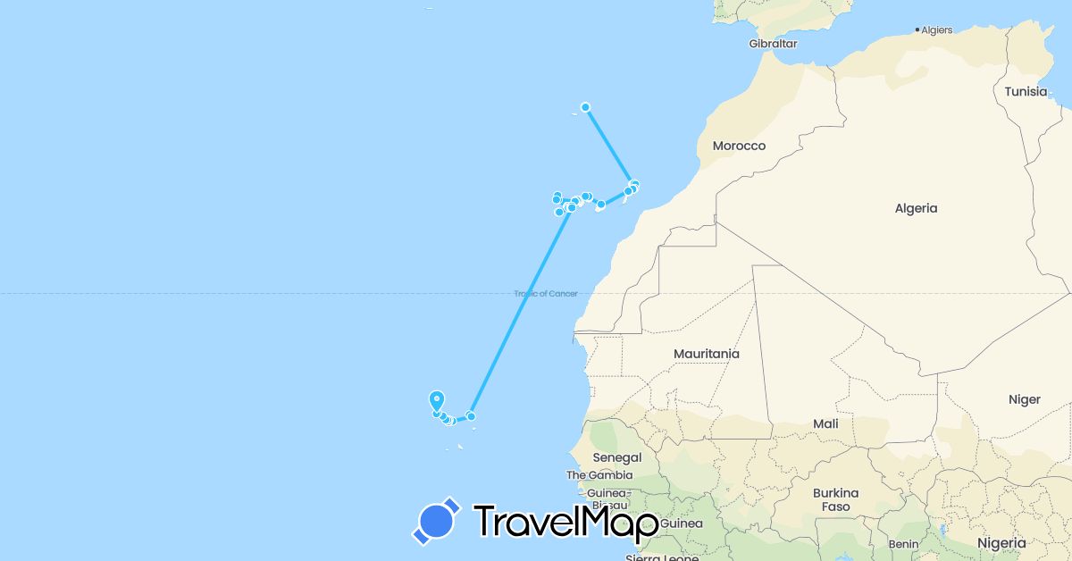 TravelMap itinerary: driving, boat in Cape Verde, Spain, Portugal (Africa, Europe)